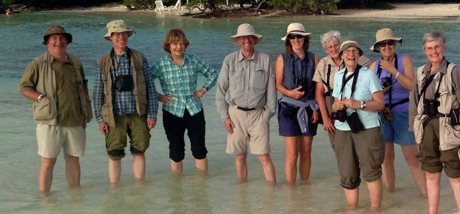 A group of happy people standing with their feet in the water at a beach